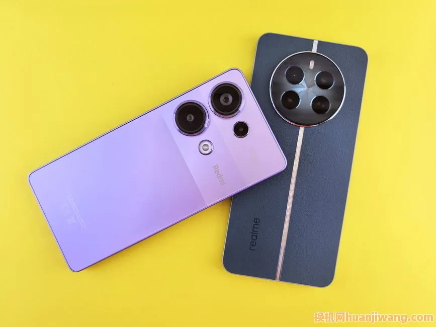 Top view of Redmi and Realme smartphones on a bright yellow background, highlighting modern design.
