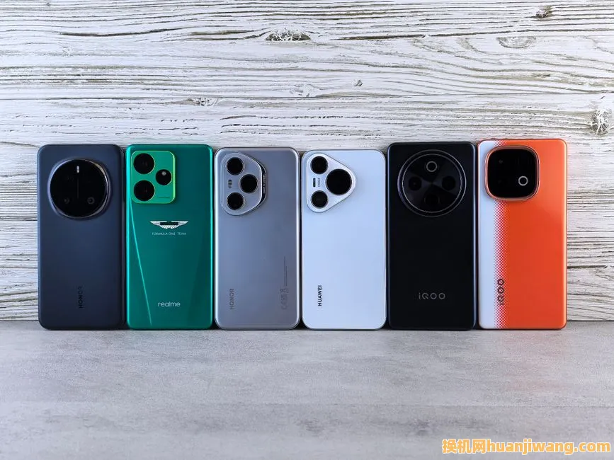 Array of modern smartphones displayed against a wooden texture, showcasing different designs and colors.